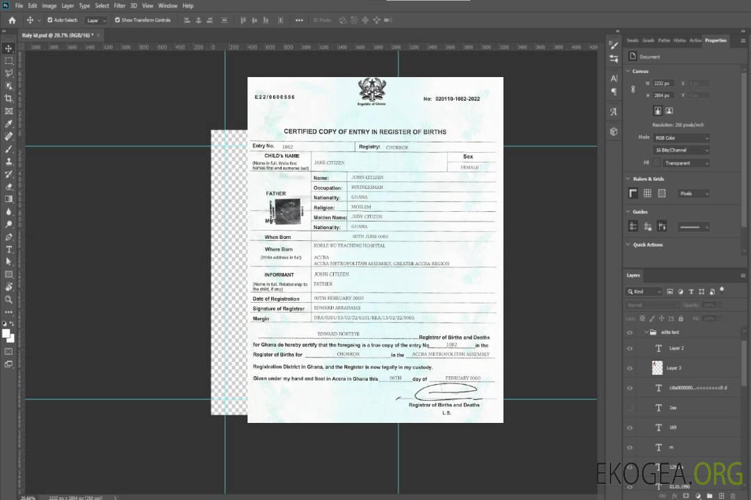 Modèle d'acte de naissance du Ghana au format PSD template